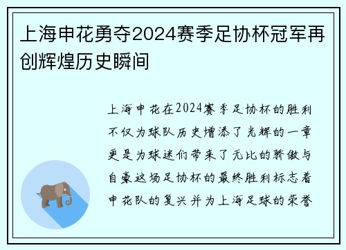 上海申花勇夺2024赛季足协杯冠军再创辉煌历史瞬间